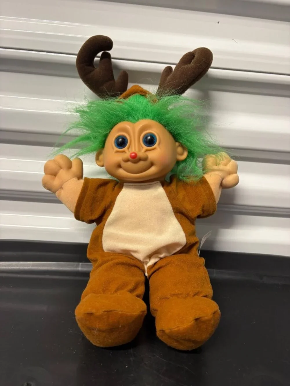 Russ Berrie Reindeer Troll Doll Green Hair Antlers Plush & Vinyl Blue Eyes 12